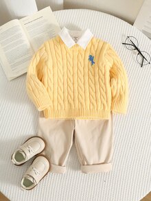 SHEIN 男女嬰兒適用 男嬰秋冬可愛百搭奶油色圓領針織毛衣，男嬰秋冬服飾，柔軟舒適，復古風 - 黃色 - 查看 7