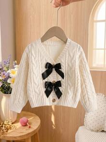 SHEIN Baby Girl Beige Knitted Solid Color Casual Oversized Bow Autumn Winter Cardigan - Multicolor - View 3