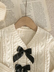 SHEIN Baby Girl Beige Knitted Solid Color Casual Oversized Bow Autumn Winter Cardigan - Multicolor - View 4