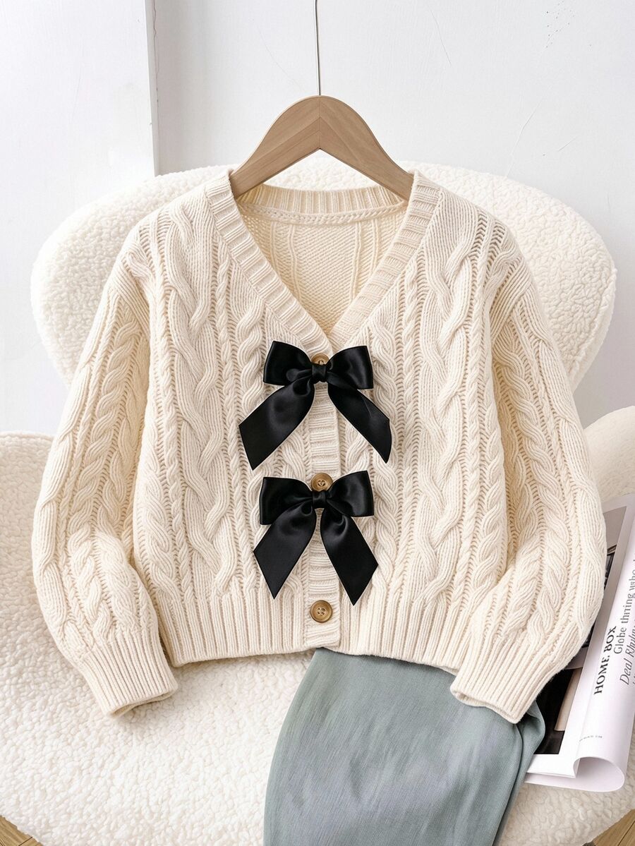 SHEIN Baby Girl Beige Knitted Solid Color Casual Oversized Bow Autumn Winter Cardigan - Multicolor - View 1