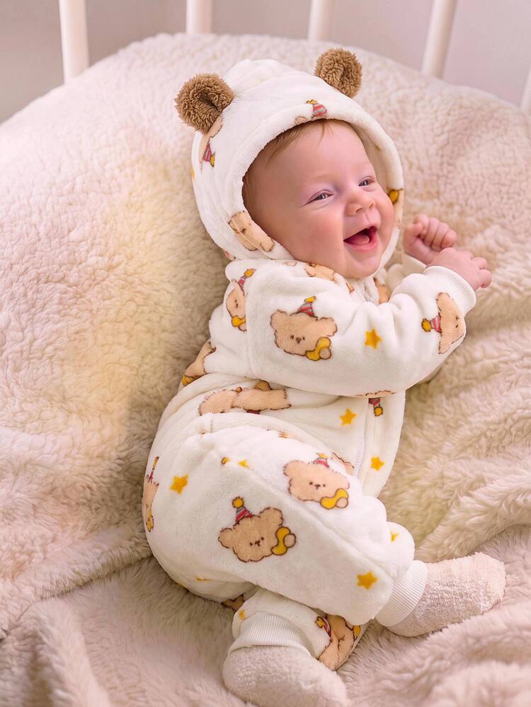 SHEIN Newborn Baby Boy Autumn/Winter Cute Fluffy Cartoon Pattern Hooded Romper, Fleece Romper, Bear Romper, Halloween Romper - Multicolor - View 9