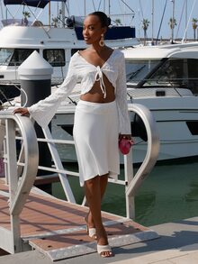 Yess Loren Vintage V-Neck Tie-Up Trumpet Sleeve Cropped Top For Women - White - View 1