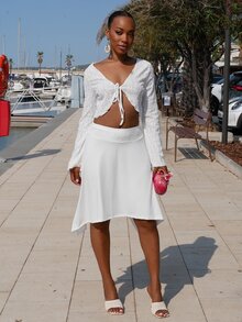 Yess Loren Vintage V-Neck Tie-Up Trumpet Sleeve Cropped Top For Women - White - View 4