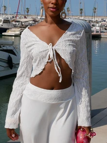 Yess Loren Vintage V-Neck Tie-Up Trumpet Sleeve Cropped Top For Women - White - View 3