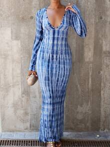 Yess Loren Tie-Dye Deep V-Neck Long Sleeve Dress - Navy Blue - View 5