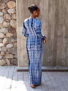Yess Loren Tie-Dye Deep V-Neck Long Sleeve Dress - Navy Blue - View 2