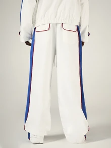 SUMWON Wide Leg Track Pants With Blue Side Panels Red Contrast Piping Drawstring Waist And Patch Back Pockets Streetwear Style - Blue and White - View 2