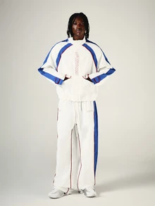 SUMWON Wide Leg Track Pants With Blue Side Panels Red Contrast Piping Drawstring Waist And Patch Back Pockets Streetwear Style - Blue and White - View 3