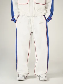 SUMWON Wide Leg Track Pants With Blue Side Panels Red Contrast Piping Drawstring Waist And Patch Back Pockets Streetwear Style - Blue and White - View 4