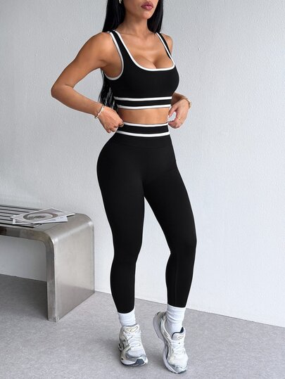 StreetHx Seamless High Elasticity Cropped Tank Top Leggings Women's Sports Set Gym Workout Black And White Summer Sporty Athletic