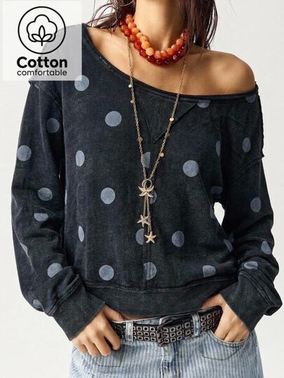 Bohemela Women's Knitted Polka Dot Print Long Sleeve Loose Fit Sweatshirt