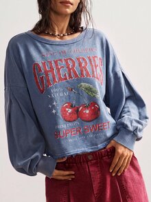 Bohemela 女款時尚街頭字母印花長袖運動衫 - 藍色 - 查看 2