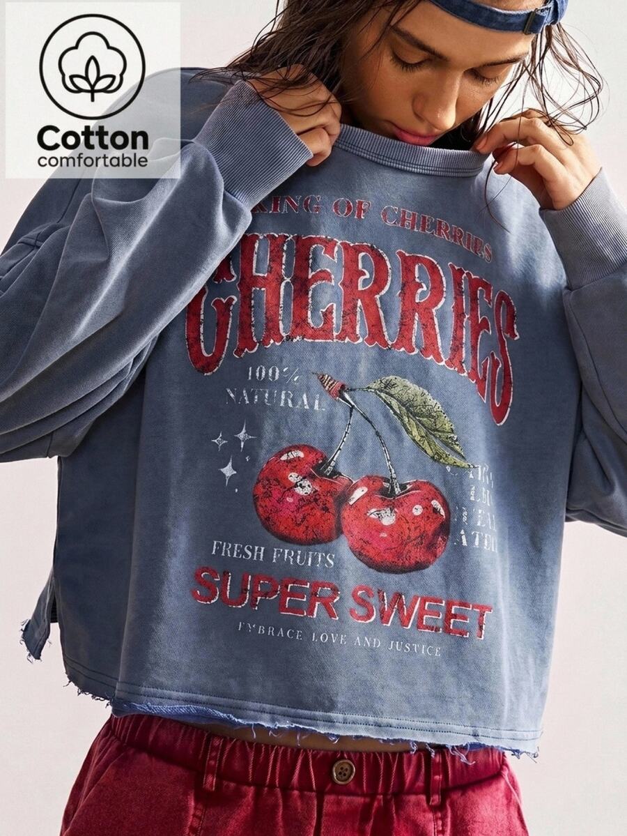 Bohemela Sweatshirt Lengan Panjang Wanita Motif Huruf Gaya Jalanan - Biru - View 1