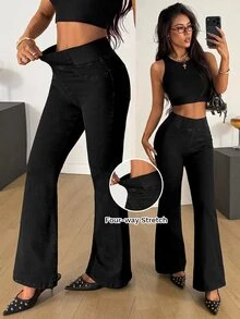 SHEIN PETITE 女款高腰休閒百搭喇叭牛仔褲 秋冬 正式商務 日常外出 時尚百搭 哥德風 萬聖節聖誕節 PETITE 黑色 - 黑色 - 查看 11