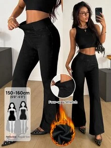 SHEIN PETITE 女款高腰休閒百搭喇叭牛仔褲 秋冬 正式商務 日常外出 時尚百搭 哥德風 萬聖節聖誕節 PETITE 黑色 - 黑色 - 查看 3