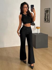 SHEIN PETITE 女款高腰休閒百搭喇叭牛仔褲 秋冬 正式商務 日常外出 時尚百搭 哥德風 萬聖節聖誕節 PETITE 黑色 - 黑色 - 查看 5