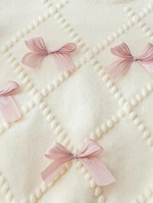 SHEIN 3個月至3歲女嬰米白色鑽石泡泡紋理針織圓領毛衣，淺粉色3D緞面蝴蝶結長袖上衣，純色柔和溫馨春秋針織套頭外套，適合生日拍照 - 米色 - 查看 5