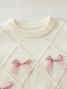 SHEIN 3個月至3歲女嬰米白色鑽石泡泡紋理針織圓領毛衣，淺粉色3D緞面蝴蝶結長袖上衣，純色柔和溫馨春秋針織套頭外套，適合生日拍照 - 米色 - 查看 4