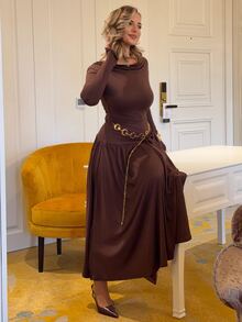 Jeta Ari Women's Autumn/Winter Coffee Color Plunging Necklace Decor Long Sleeve Simple Elegant Dress - Coffee Brown - View 5