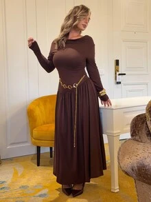 Jeta Ari Women's Autumn/Winter Coffee Color Plunging Necklace Decor Long Sleeve Simple Elegant Dress - Coffee Brown - View 1