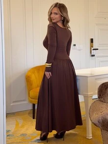 Jeta Ari Women's Autumn/Winter Coffee Color Plunging Necklace Decor Long Sleeve Simple Elegant Dress - Coffee Brown - View 2