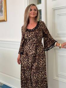 Jeta Ari Women's Fashion Leopard Print Fringe Decorated Bell Sleeve Long Dress, Spring & Autumn Maxi Women Outfit Fall Cloth For Women - Multicolor - View 7