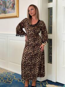 Jeta Ari Women's Fashion Leopard Print Fringe Decorated Bell Sleeve Long Dress, Spring & Autumn Maxi Women Outfit Fall Cloth For Women - Multicolor - View 4