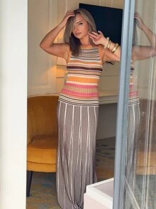 Jeta Ari Women's Striped Round Neck Sleeveless Fitted Knit Dress - Pink - View 5