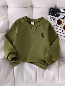 SHEIN 小男孩 2 合 1 Polo 領軍綠色運動衫 插肩袖馬刺繡套頭上衣 休閒返校季秋冬服飾 - 軍綠色 - 查看 8