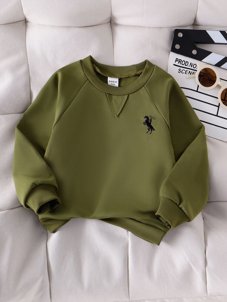 SHEIN Genkimix Kids Young Boys 2 In 1 Polo Collar Military Green Sweatshirt Raglan Sleeve Horse Embroidered Pullover Top Casual Back-To-School Autumn Winter Clothing - Army Green - View 8
