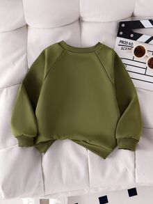 SHEIN 小男孩 2 合 1 Polo 領軍綠色運動衫 插肩袖馬刺繡套頭上衣 休閒返校季秋冬服飾 - 軍綠色 - 查看 2