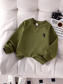 SHEIN 小男孩 2 合 1 Polo 領軍綠色運動衫 插肩袖馬刺繡套頭上衣 休閒返校季秋冬服飾 - 軍綠色 - 查看 4