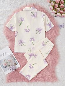 SHEIN 女童杏色可愛櫻桃印花短袖上衣與長褲休閒舒適寬鬆家居服，隨機 1 件短袖上衣 + 1 件長褲 - 彩色 - 查看 2