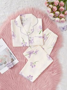 SHEIN 女童杏色可愛櫻桃印花短袖上衣與長褲休閒舒適寬鬆家居服，隨機 1 件短袖上衣 + 1 件長褲 - 彩色 - 查看 7
