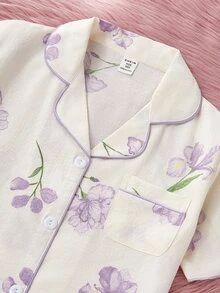 SHEIN 女童杏色可愛櫻桃印花短袖上衣與長褲休閒舒適寬鬆家居服，隨機 1 件短袖上衣 + 1 件長褲 - 彩色 - 查看 8