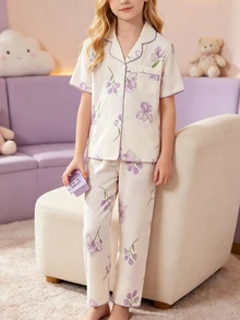 SHEIN 女童杏色可愛櫻桃印花短袖上衣與長褲休閒舒適寬鬆家居服，隨機 1 件短袖上衣 + 1 件長褲 - 彩色 - 查看 4