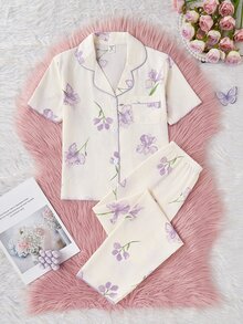 SHEIN 女童杏色可愛櫻桃印花短袖上衣與長褲休閒舒適寬鬆家居服，隨機 1 件短袖上衣 + 1 件長褲 - 彩色 - 查看 5