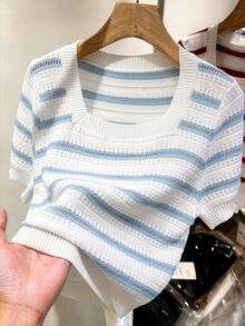 GlowEve CURVE Plus Size Casual Tropical Colorblock Allover White Hollow Out Short Sleeve Knit Top Office Formal Vacation Summer Going Out Work Outfits Women - Blue and White - View 6