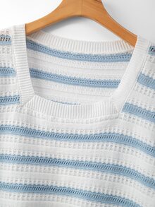 GlowEve CURVE Plus Size Casual Tropical Colorblock Allover White Hollow Out Short Sleeve Knit Top Office Formal Vacation Summer Going Out Work Outfits Women - Blue and White - View 7