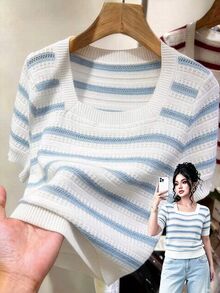 GlowEve CURVE Plus Size Casual Tropical Colorblock Allover White Hollow Out Short Sleeve Knit Top Office Formal Vacation Summer Going Out Work Outfits Women - Blue and White - View 1