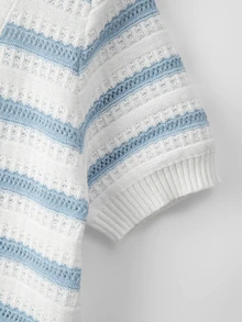 GlowEve CURVE Plus Size Casual Tropical Colorblock Allover White Hollow Out Short Sleeve Knit Top Office Formal Vacation Summer Going Out Work Outfits Women - Blue and White - View 3