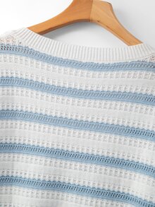 GlowEve CURVE Plus Size Casual Tropical Colorblock Allover White Hollow Out Short Sleeve Knit Top Office Formal Vacation Summer Going Out Work Outfits Women - Blue and White - View 4