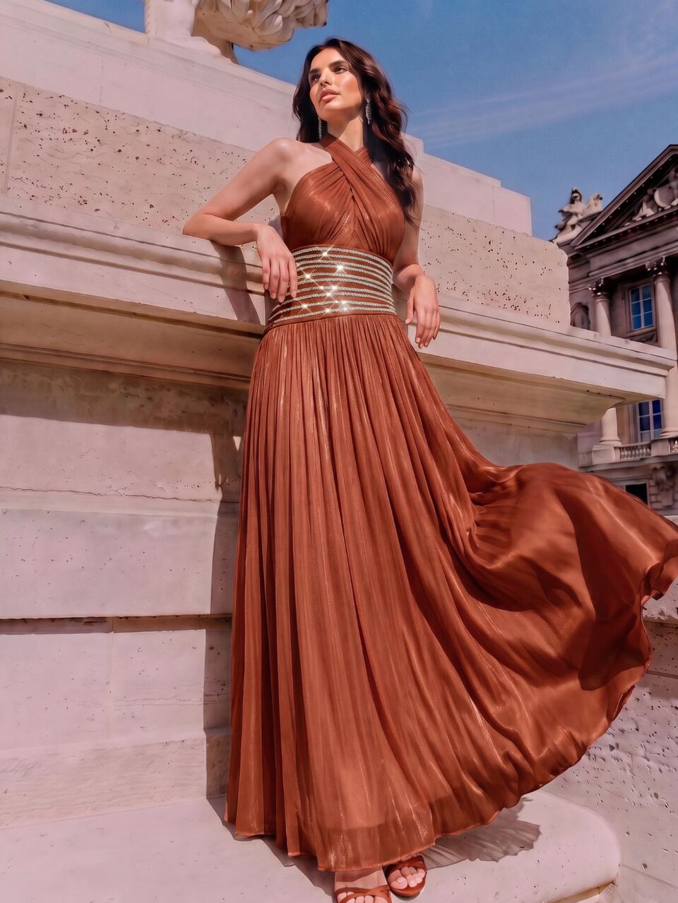 New Women's Summer Sleeveless Criss-Cross Halter Neck Waist-Cinching Skirt With Diamond Chain Decor Shiny Glossy Pink Dress For Vacation And Holiday Wear