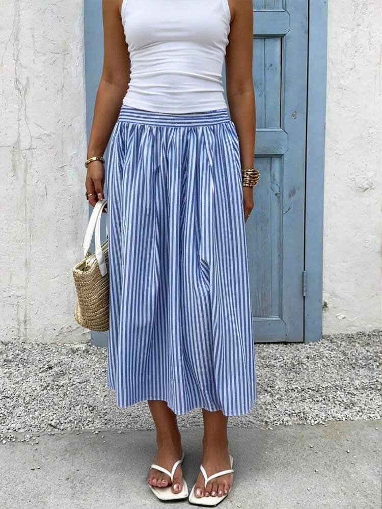 INAWLY Women's Vacation Casual Conservative Geometric Print Skirt Beach Blue And White Stripe Summer - Multicolor - View 5
