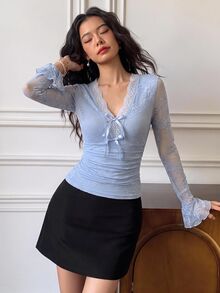 EastFlair Women's Elegant Solid Color Lace Bow Decor Top - Baby Blue - View 3