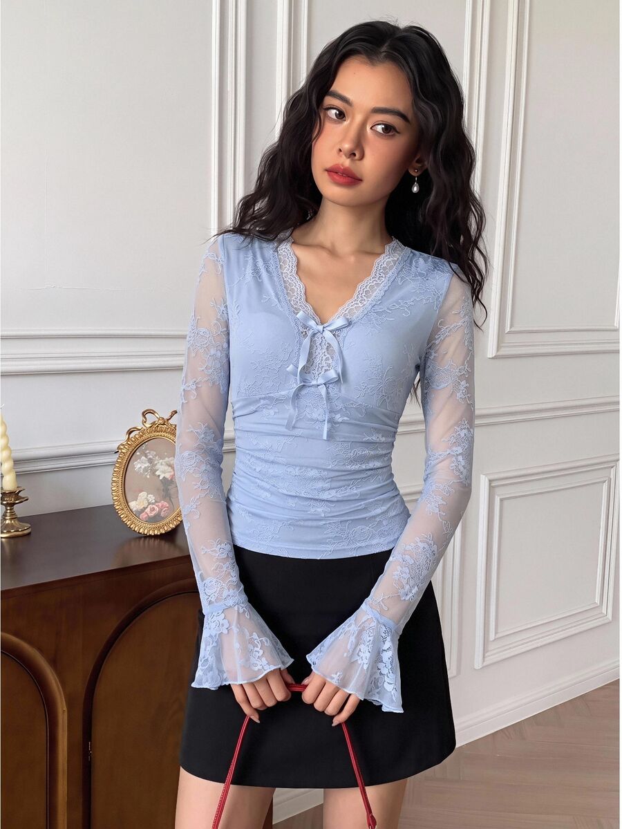 EastFlair Women's Elegant Solid Color Lace Bow Decor Top - Baby Blue - View 1