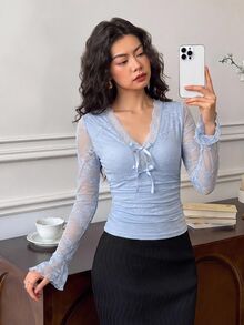 EastFlair Women's Elegant Solid Color Lace Bow Decor Top - Baby Blue - View 2