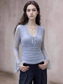 EastFlair Women's Elegant Solid Color Lace Bow Decor Top - Baby Blue - View 7