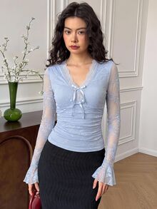 EastFlair Women's Elegant Solid Color Lace Bow Decor Top - Baby Blue - View 4