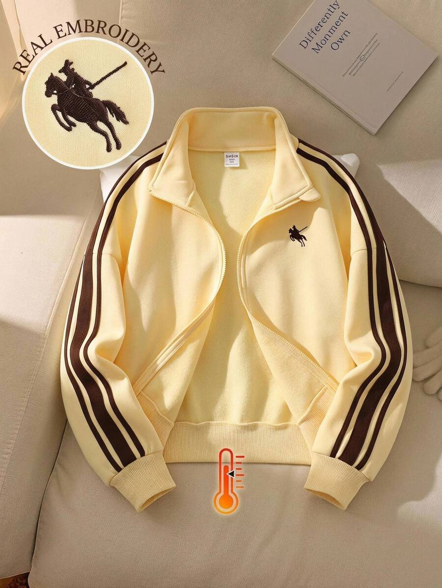 Jaket Rajut Lengan Panjang Longgar Ukuran Besar dengan Lapisan Termal Tebal, Pita Dekoratif, Logo Kuda Bordir, Kerah Tegak, dan Kerah Tegak untuk Anak Perempuan Remaja Musim Gugur/Dingin, Warna Kuning Muda Musim Gugur/Dingin - Kuning - View 1